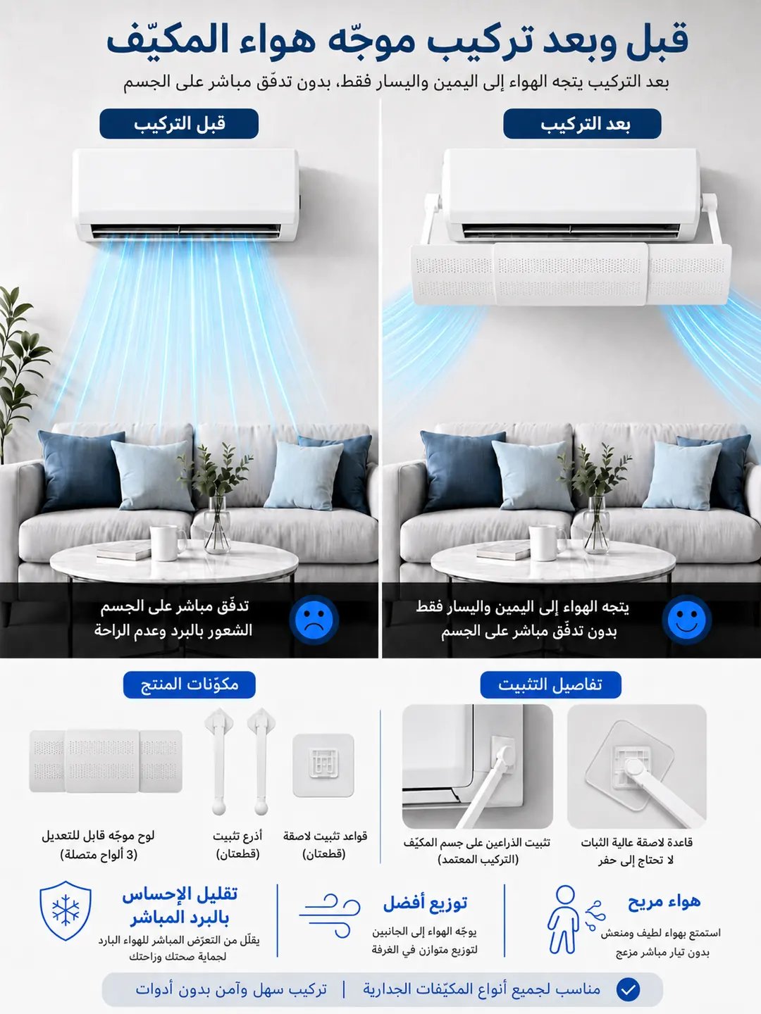 مقارنة اتجاه هواء المكيف قبل وبعد تركيب ديفلكت آير
